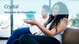  Presentation with television watching - Slide set consisting of embracing change - lesbian couple watching television background and a  colored foreground