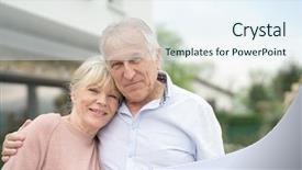  Presentation with senior couple - Slide set having embracing in front of new background and a sky blue colored foreground