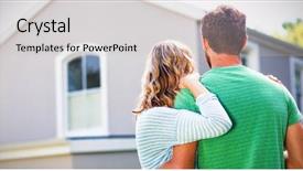  Presentation with house - Presentation featuring embracing while standing against house background and a light gray colored foreground