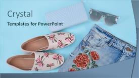  Presentation with shoes industry - PPT layouts having embroidered flowers skirt shoes handbag sunglasses on blue background background and a light blue colored foreground