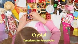  Presentation with handicraft - PPT theme featuring pins needles - girl sews doll clothes top background and a tawny brown colored foreground