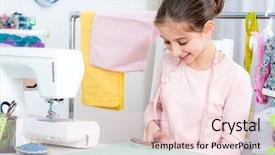  Presentation with smiling little girl - Beautiful PPT theme featuring mailles - smiling little girl seamstress working backdrop and a lemonade colored foreground