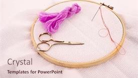  Presentation with embroidery - PPT theme with embroidery-hoop-and-scissor background and a lemonade colored foreground