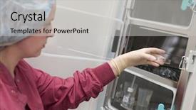  Presentation with incubator - PPT theme consisting of embryologist putting sample into incubator background and a light gray colored foreground