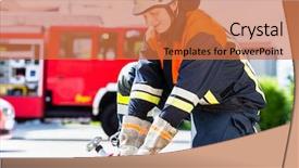  Presentation with fire fighter - Presentation theme having emergency action - fire fighter connecting hoses background and a red colored foreground