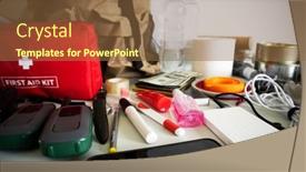  Presentation with backpack - PPT theme having emergency-backpack-equipment-organized background and a tawny brown colored foreground