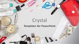  Presentation with first aid kit - Slides enhanced with emergency-backpack-equipment-organized background and a white colored foreground