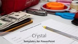  Presentation with first aid kit - Presentation with emergency-backpack-equipment-organized background and a white colored foreground