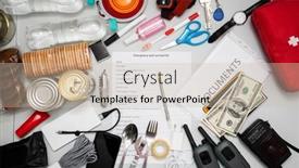  Presentation with first aid kit - PPT theme enhanced with emergency-backpack-equipment-organized background and a soft green colored foreground