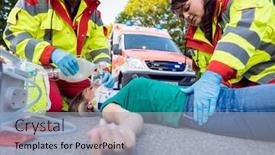  Presentation with first aid - Amazing PPT theme having emergency-doctor-ventilating-injured-woman backdrop and a light blue colored foreground
