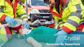  Presentation with accident - Colorful PPT layouts enhanced with emergency-doctor-ventilating-injured-woman backdrop and a teal colored foreground
