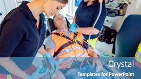  Presentation with ambulance - PPT layouts featuring emergency-doctor-woman-giving-drop background and a teal colored foreground