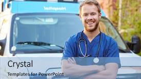  Presentation with ambulance - Cool new slides with emergency entrance - portrait of male doctor standing backdrop and a light blue colored foreground