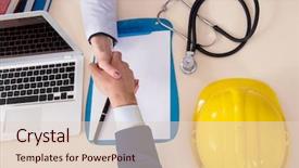  Presentation with insurance - PPT layouts with emergency management - doctor and manager agreeing industrial background and a lemonade colored foreground