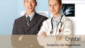  Presentation with emergency management - Audience pleasing PPT theme consisting of emergency management - smiling business man and doctor backdrop and a coral colored foreground