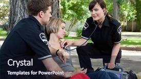  Presentation with emergency medical services - Audience pleasing PPT theme consisting of emergency medical professionals assessing backdrop and a wine colored foreground