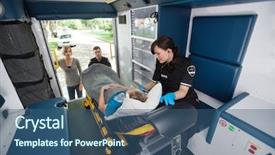  Presentation with emergency medical services - Presentation with emergency medical services - elderly woman loaded in ambulance background and a ocean colored foreground