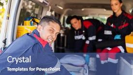  Presentation with medical emergency - PPT layouts consisting of emergency medical services - paramedic team pulling stretcher background and a ocean colored foreground