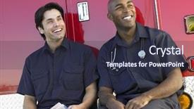  Presentation with ambulance - Presentation having emergency medical services - two paramedics cheerfully doing paperwork background and a tawny brown colored foreground