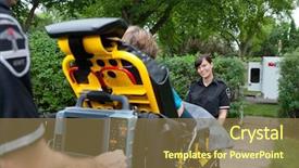  Presentation with emergency medical - Colorful PPT theme enhanced with emergency medical team taking patient backdrop and a tawny brown colored foreground