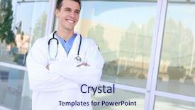  Presentation with hospital - Beautiful PPT layouts featuring emergency medical technician - young handsome doctor smiling outside backdrop and a  colored foreground