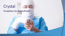  Presentation with medical splint broken bone hand - Theme enhanced with concussion - man suffering from multiple broken background and a  colored foreground