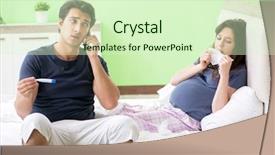  Presentation with pregnant - Slides consisting of smartphone measurement - young husband looking after his background and a soft green colored foreground