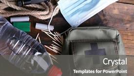  Presentation with equipment - Presentation theme consisting of emergency preparation equipment on wooden background and a gray colored foreground