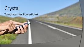  Presentation with traffic road - Colorful slide deck enhanced with emergency telephone - closeup of a young caucasian backdrop and a light blue colored foreground