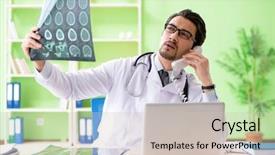  Presentation with dental radiology panoramic x ray - Colorful presentation design enhanced with emergency telephone - doctor radiologist looking at x-ray backdrop and a soft green colored foreground