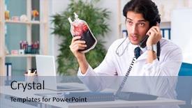  Presentation with blood transfusion - PPT theme consisting of emergency telephone - young handsome doctor in blood background and a light blue colored foreground
