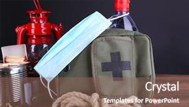  Presentation with dark vintage wood table texture - Presentation theme having emergenvy food - emergency preparation equipment on wooden background and a violet colored foreground