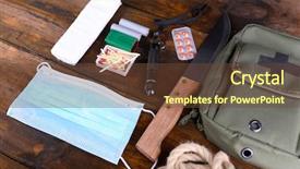  Presentation with food preparation - Presentation featuring emergenvy food - emergency preparation equipment on wooden background and a tawny brown colored foreground