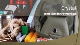  Presentation with dark vintage wood table texture - Presentation theme consisting of emergenvy food - emergency preparation equipment on wooden background and a gray colored foreground