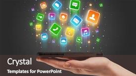  Presentation with mobile phone in woman hand - Slide set with emerging media - businessman hand using phone background and a  colored foreground