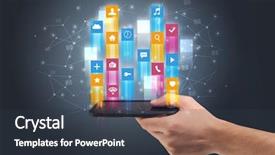  Presentation with flying - Slide deck featuring emerging media - businessman hand using phone background and a  colored foreground