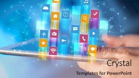  Presentation with flying - PPT theme enhanced with emerging media - businessman hand using tablet background and a coral colored foreground