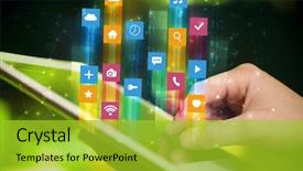  Presentation with flying - Cool new theme with emerging media - businessman hand using tablet backdrop and a  colored foreground