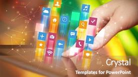  Presentation with application - Slide deck consisting of emerging media - businessman hand using tablet background and a  colored foreground