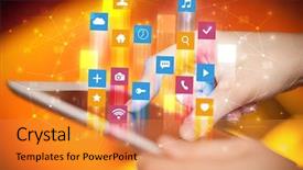  Presentation with flying - Amazing PPT theme having emerging media - businessman hand using tablet backdrop and a  colored foreground