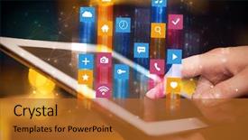  Presentation with people hold hand around globe - Audience pleasing presentation theme consisting of emerging media - businessman hand using tablet backdrop and a  colored foreground