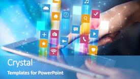  Presentation with application - Presentation theme having emerging media - businessman hand using tablet background and a  colored foreground