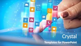  Presentation with flying - Presentation theme featuring emerging media - businessman hand using tablet background and a  colored foreground