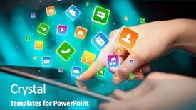  Presentation with flying - Slide set enhanced with emerging media - businessman hand using tablet background and a  colored foreground