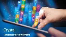  Presentation with application - Amazing slide set having emerging media - businessman hand using tablet backdrop and a ocean colored foreground