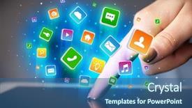  Presentation with application - Colorful presentation design enhanced with emerging media - businessman hand using tablet backdrop and a ocean colored foreground