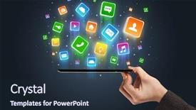  Presentation with application - Presentation theme consisting of emerging technologies - businessman hand using phone background and a  colored foreground