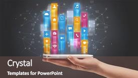  Presentation with flying - Colorful slides enhanced with emerging technologies - businessman hand using phone backdrop and a  colored foreground