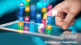  Presentation with tablets wood table tablet white - Slides enhanced with emerging technologies - businessman hand using tablet background and a ocean colored foreground