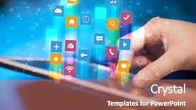  Presentation with people hold hand around globe - Slide deck enhanced with emerging technologies - businessman hand using tablet background and a coral colored foreground